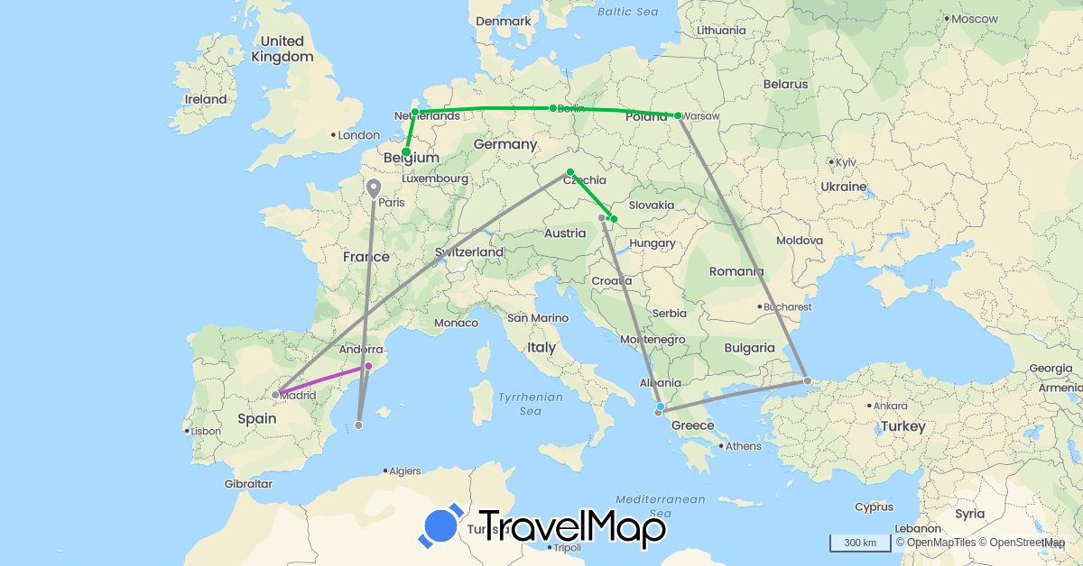 TravelMap itinerary: driving, bus, plane, train, boat in Albania, Austria, Belgium, Czech Republic, Germany, Spain, France, Greece, Netherlands, Poland, Slovakia, Turkey (Asia, Europe)